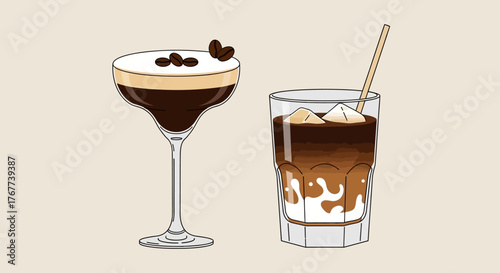 Elegant espresso martini and iced coffee illustration with creamy textures and stylish presentation