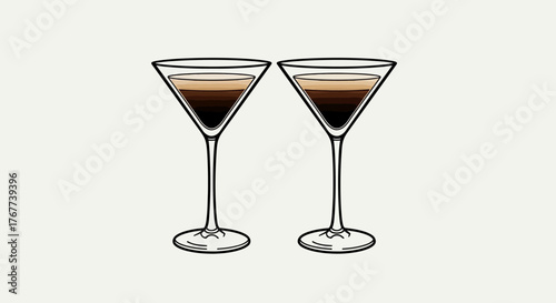 Elegant minimalist sketch of two espresso martinis ready to be savored and enjoyed together