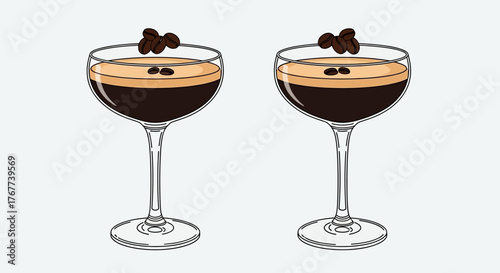 Double delight: Two espresso martinis adorned with coffee beans in elegant glasses