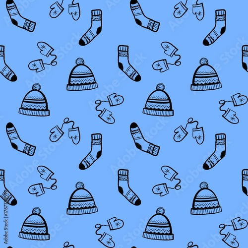 seamless winter blue pattern with hat, socks, gloves, Scandinavian ornaments, perfect for wrapping paper, wallpaper, print notebook, fabric, calendar 