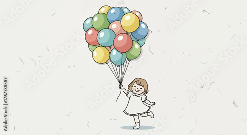 A whimsical illustration of a girl joyfully holding a large bunch of colorful balloons