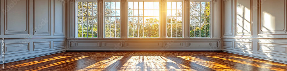 Fototapeta premium Bright empty room with wooden floor and large windows Generative AI