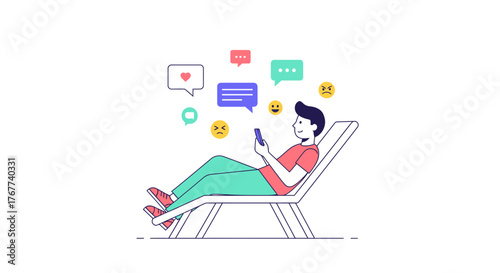 Man relaxing on lounge chair while using phone, surrounded by social media chat bubbles and emojis, depicting a modern communication style and chill lifestyle