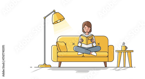 Relaxing afternoon with a captivating book, cozy couch and coffee. Enjoying a quiet moment of reading and relaxation at home, perfect for downtime