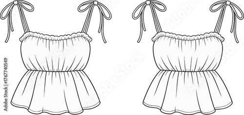 Women fashion flat sketch, sleeveless top with bow tie straps, ruffle neckline, peplum style blouse, garment design vector illustration