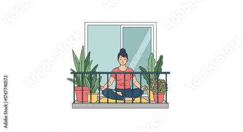 Woman finds peace with yoga on her apartment balcony surrounded by potted plants, creating a serene and mindful urban retreat for health and wellbeing