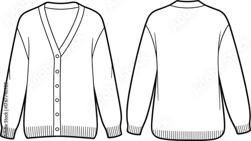 Women’s cardigan sweater flat sketch with buttons, long sleeve knitwear apparel illustration, casual winter fashion clothing design, stylish outerwear garment drawing