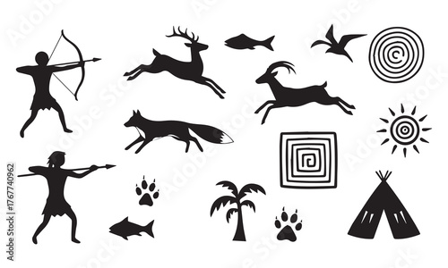 Ancient Culture Vector collection featuring tribal art, prehistoric silhouettes, natural symbols, and archaeological elements. Perfect for history illustrations, cultural projects, educational materia