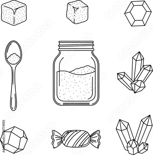 Line Art Sugar Icons – Editable Sweet Ingredient and Dessert Symbol Set.