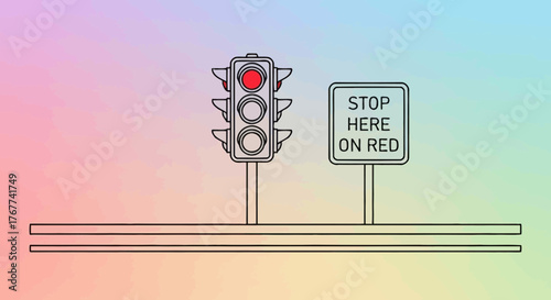 A Contemporary Illustration of a Traffic Signal Indicating Red Light for Stopping Vehicles