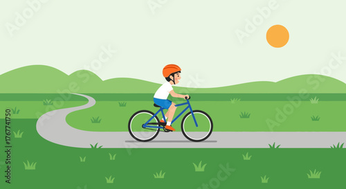 A Kid Enjoying a Leisurely Bicycle Ride on a Sunny Day Across Peaceful Green Landscapes