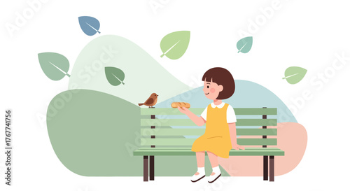 A Little Girl Sharing Food With A Bird While Sitting On A Bench Outdoors