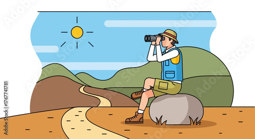 A Curious Observer Watches the Horizon With the Help of Binoculars, Exploring Nature