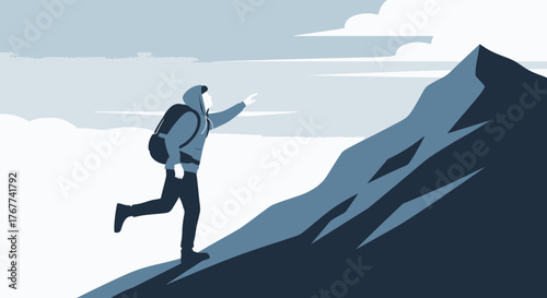 A Person Achieving Goals By Hiking Up A Mountain With A Backpack, A Modern Art