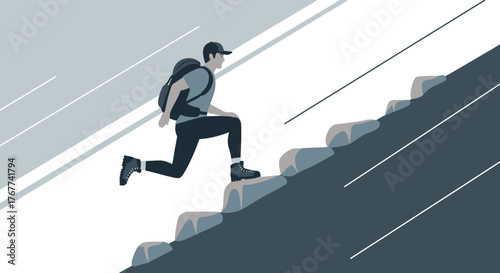 A Person Achieving Goals, Determined Climber Ascending a Steep Pathway, Strong Ambition