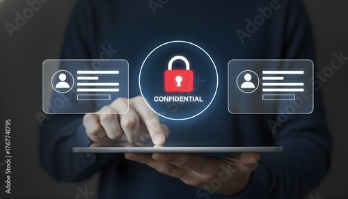 Person holding a tablet displaying a confidential lock icon in the center, flanked by two document icons symbolizing private information and secure data handling