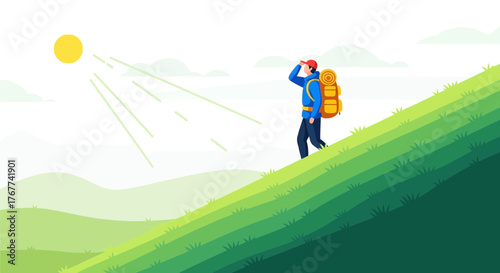 A Hiker Ascends the Hillside Under the Warm Light of the Sun Reaching New Heights