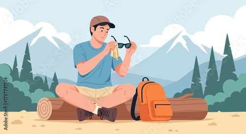 A Person Cleans Their Sunglasses While Resting in Nature During a Hiking Adventure