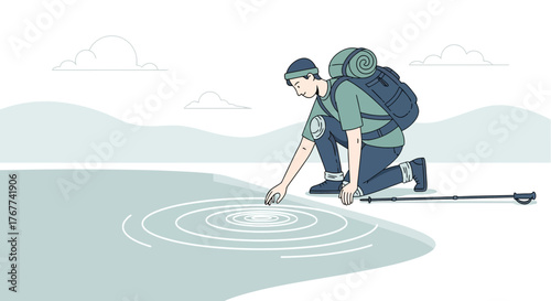 A Hiker Appreciates Nature By Observing Water Ripples During His Journey