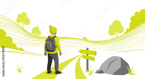 A Person Chooses a Direction on a Hiking Trail with a Backpack and Signpost