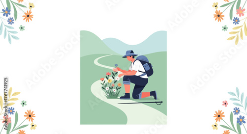 A Hiker Appreciating Wildflowers During Scenic Mountain Trail Adventure and Journey