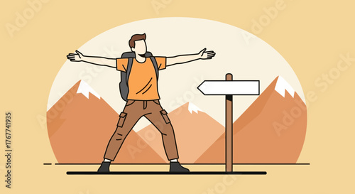 A Hiker Celebrates With Open Arms, Standing Before Mountains And A Signpost