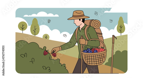 A Person Collecting Berries In Nature Outdoors Foraging With Basket And Backpack