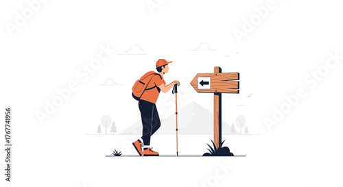 A Hiker Contemplates Path Options Next to a Signpost On a Sunny Day