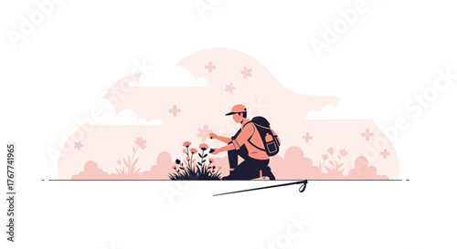 A Person Collecting Flowers In A Serene Landscape Under A Gentle Bloom