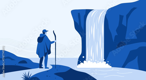 A Person Contemplates A Majestic Waterfall In A Serene, Nature-Filled Vista