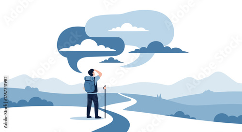 A Hiker Contemplating His Journey On A Mountain Trail With Thoughts Above Him