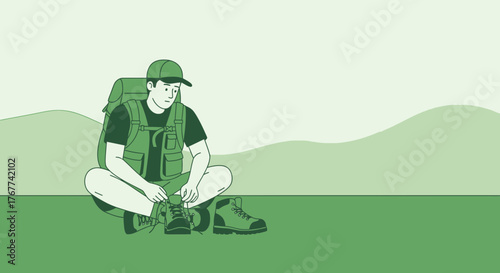 A Hiker Preparing For Adventure: Lacing Boots Amidst Serene Natural Scenery