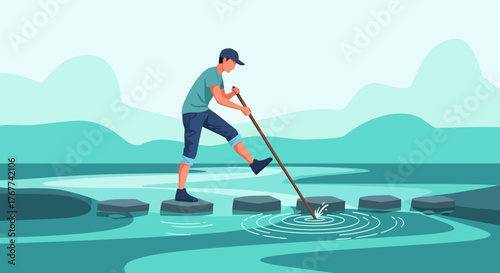 A Person Crossing A River Via Stepping Stones Depicting A Journey Concept