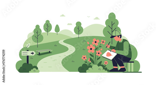 A Person Drawing a Leaf in Nature, Capturing The Beauty, Peaceful Scene Environment
