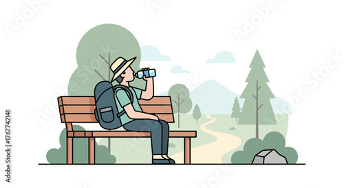 A Hiker Refreshing And Hydrating After Trekking Amidst The Tranquil Scenery