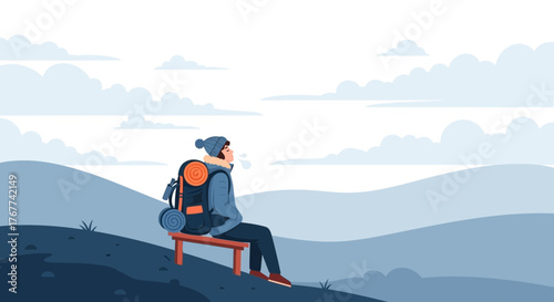 A Hiker Resting On a Bench While Enjoying a Breathtaking Landscape Illustration