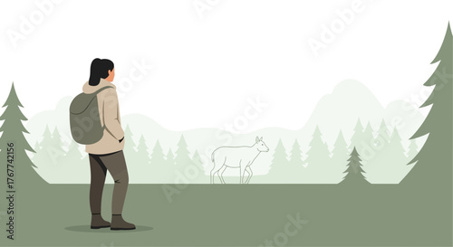 A Person Encounters a Wild Animal in a Serene Forest Environment Scene