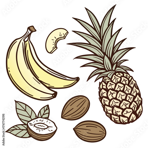 Sweet tropical pineapples and coconuts arranged on a white background, perfect for summer recipes and refreshing drinks.