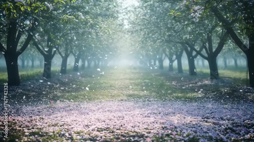 Serene Orchard Pathway Bathed in Soft Morning Light with Falling Petals and Lush Greenery
