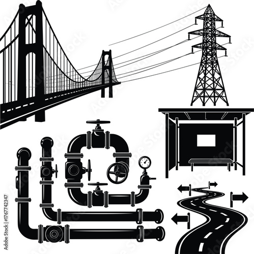 Solid Silhouette Vector Icons of City Infrastructure and Public Utility Structures.