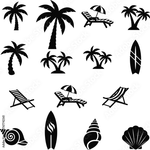 Solid Silhouette Vector Icons Depicting Tropical Vacation and Seaside Fun.