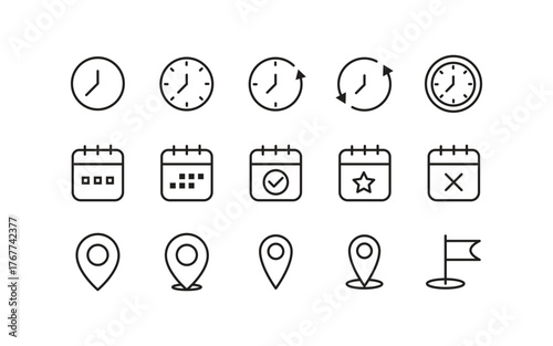 Clock, calendar, and location icons set of black line icons. Clock icon. Calendar icon. Location pin icon. Modern simple symbols. Vector illustration.