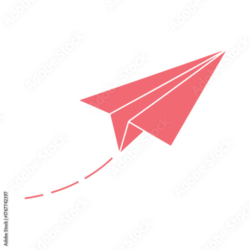 Coral pink paper airplane in flight with dashed line trail travel journey