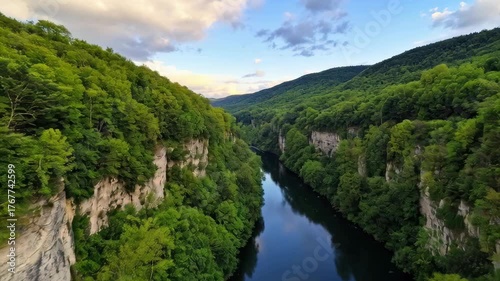 Serene River Flowing Through Lush Green Forested Canyon Under a Cloudy Sky During Golden Hour
