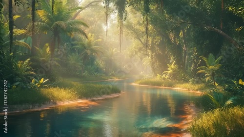 Serene Tropical Rainforest River Scene With Sunlight Rays Filtering Through Lush Green Foliage And Palm Trees Illuminated By Golden Hour