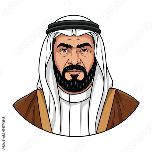 Arab Sheikh Man Portrait Traditional Headwear Vector Graphic Illustration