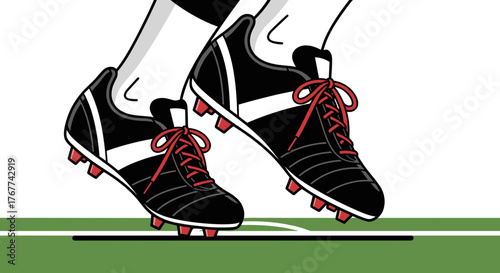 Soccer player wearing black cleats with red laces on the field  transparent background