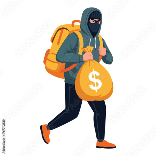 Thief Robber Stealing Money Bag and Backpack Crime Illustration
