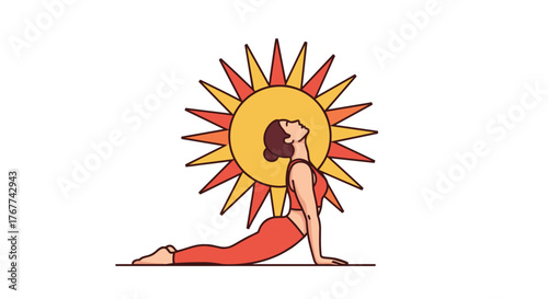 Woman practicing yoga pose with sun symbol in the background  transparent background