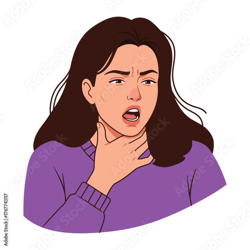 Woman suffering from sore throat gripping her neck pain illness